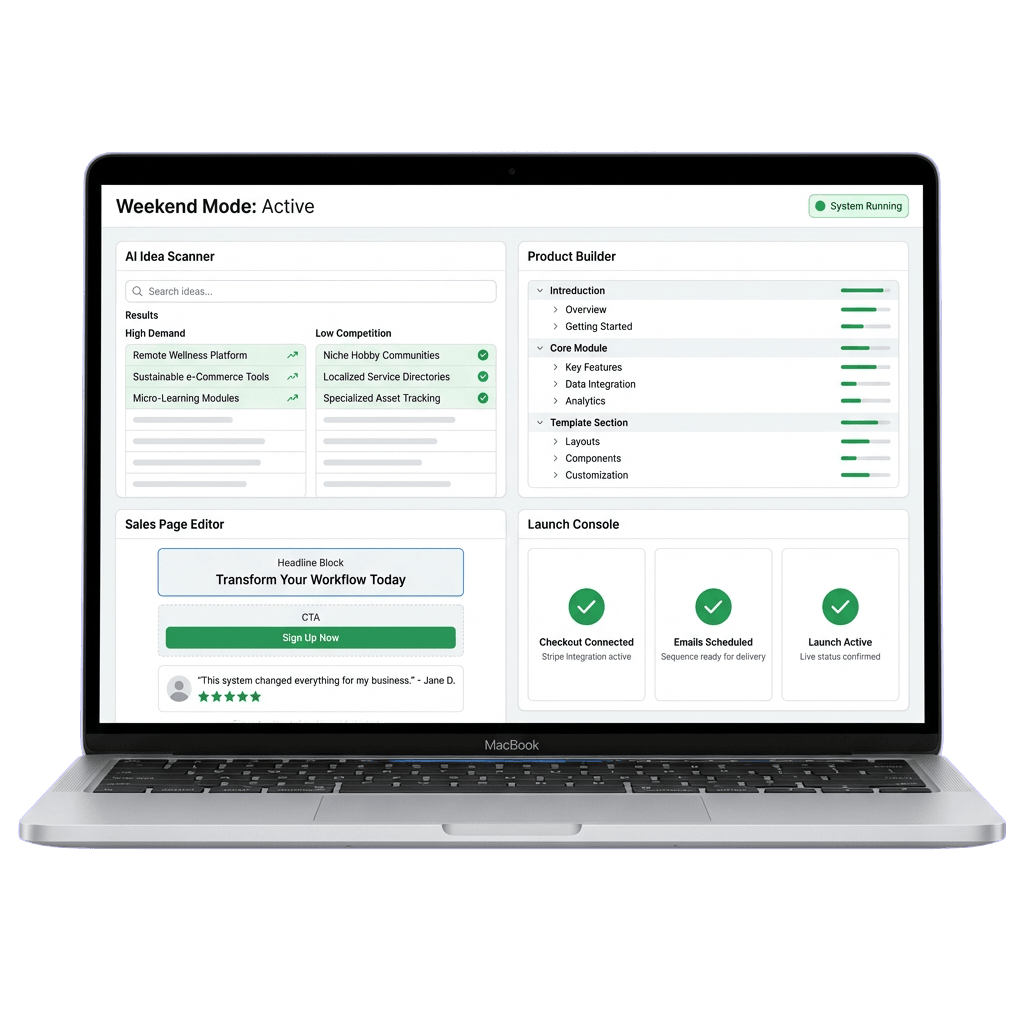 Weekend Mode Active — AI Idea Scanner, Product Builder, Sales Page Editor, Launch Console